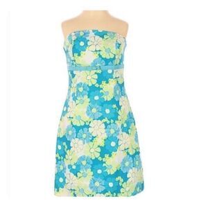 Lilly Pulitzer Women’s Size 0 Structured Strapless Dress Blue Floral Knee Length